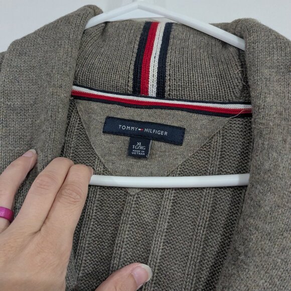 Tommy Hilfiger Collared Knit Cardigan Dark Beige Tan Size XL - Picture 2 of 6